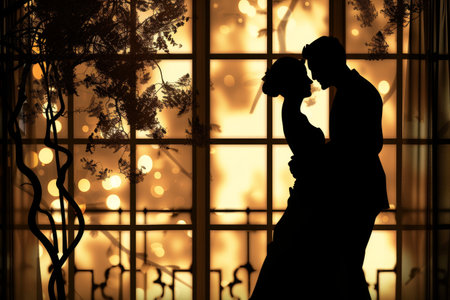 Silhouette of the bride and groom against the background of the windowの素材