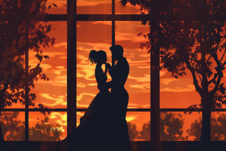 Silhouette of a beautiful bride and groom in a wedding dress against the background of the sunset.の素材