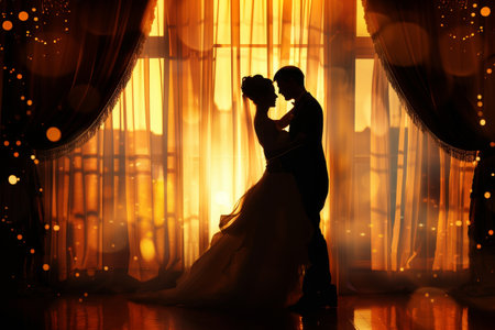 Silhouette of bride and groom dancing in a room with curtainsの素材