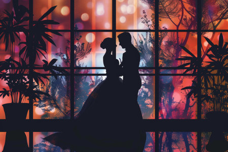 Silhouette of a bride and groom against the background of the windowの素材