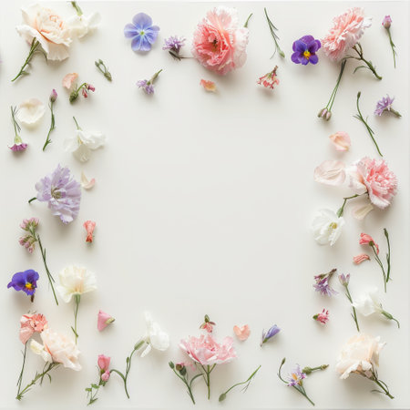 Flowers composition. Frame made of flowers on white background. Flat lay, top view, copy spaceの素材