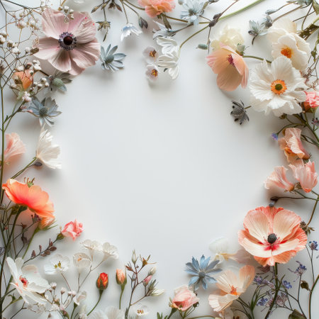 Flowers composition. Frame made of flowers on white background. Flat lay, top view, copy spaceの素材