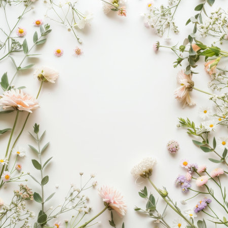 Flowers composition. Frame made of flowers on white background. Flat lay, top view, copy spaceの素材