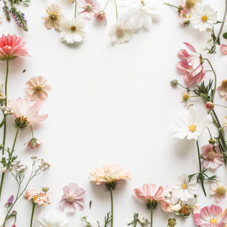 Flowers composition. Frame made of cosmos flowers on white background. Flat lay, top viewの素材