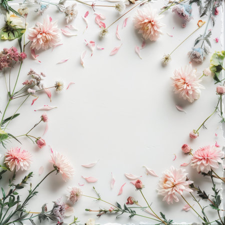 Flowers composition. Frame made of flowers on white background. Flat lay, top view, copy spaceの素材