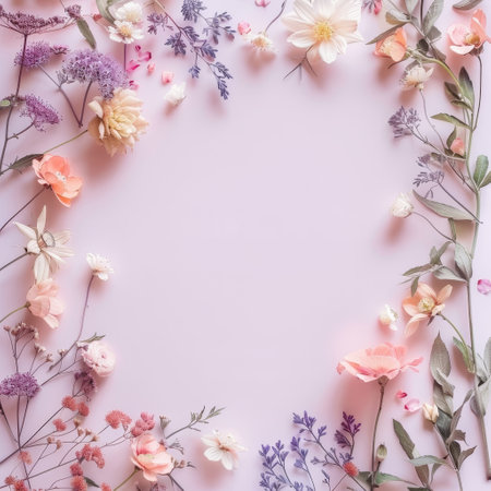 Flowers composition. Frame made of flowers on pastel pink background. Flat lay, top view, copy spaceの素材