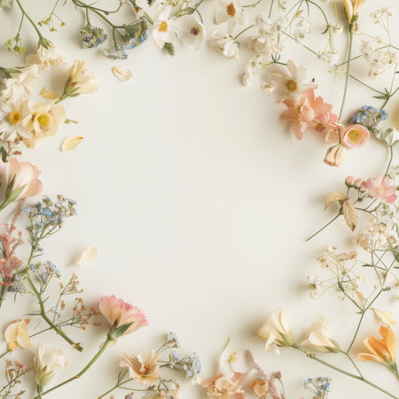 Flowers composition. Frame made of flowers on white background. Flat lay, top view, copy spaceの素材
