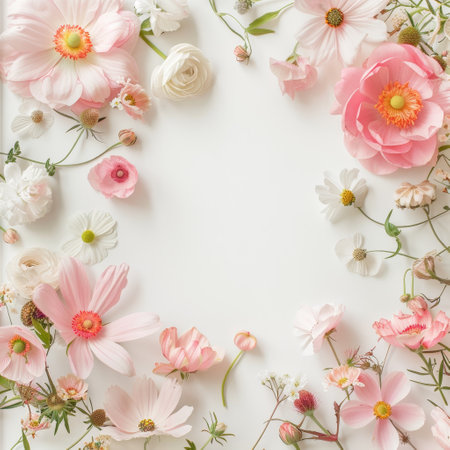 Flowers composition. Frame made of pink flowers on white background. Flat lay, top view, copy spaceの素材
