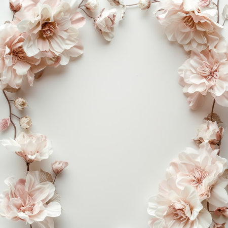 Flowers composition. Frame made of pink flowers on white background. Flat lay, top view, copy spaceの素材