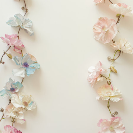 Flowers composition. Frame made of pastel colored flowers on white background. Flat lay, top view, copy spaceの素材