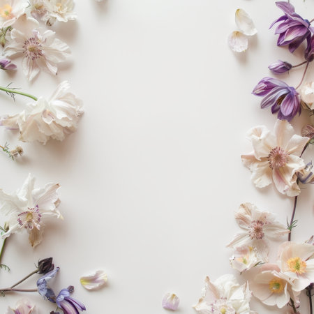 Flowers composition. Frame made of flowers on white background. Flat lay, top view, copy spaceの素材