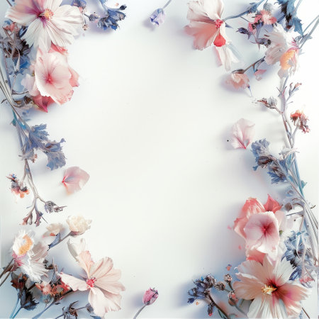 Flowers composition. Frame made of flowers on white background. Flat lay, top view, copy spaceの素材