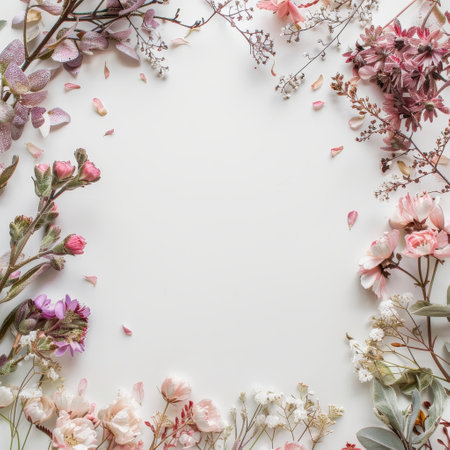 Flowers composition. Frame made of pink flowers on white background. Flat lay, top view, copy spaceの素材