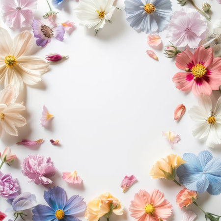 Flowers composition. Frame made of cosmos flowers on white background. Flat lay, top view, copy spaceの素材