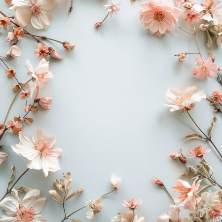 Flowers composition. Frame made of pink flowers on pastel blue background. Flat lay, top view, copy spaceの素材