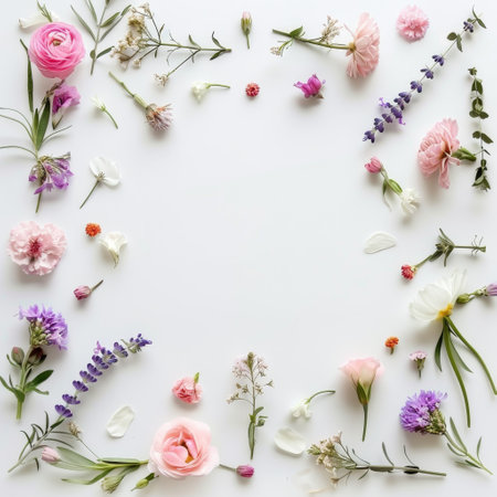 Flowers composition. Frame made of flowers on white background. Flat lay, top view, copy spaceの素材