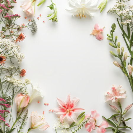 Flowers composition. Frame made of flowers on white background. Flat lay, top view, copy spaceの素材