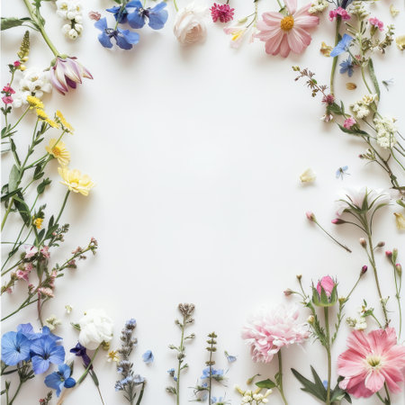 Flowers composition. Frame made of colorful flowers on white background. Flat lay, top view, copy spaceの素材