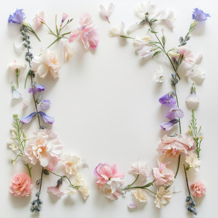 Flowers composition. Frame made of flowers on white background. Flat lay, top view, copy spaceの素材