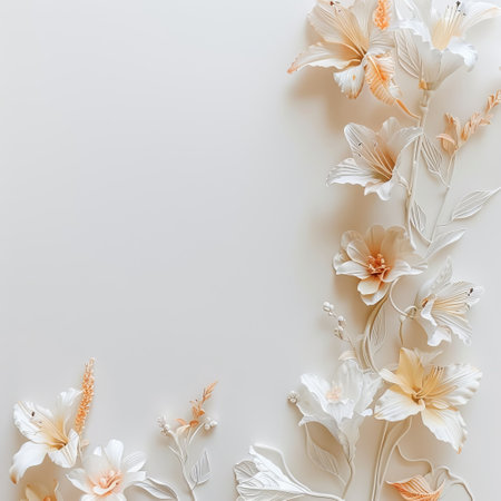 Flowers composition. Frame made of white flowers on white background. Flat lay, top view, copy spaceの素材