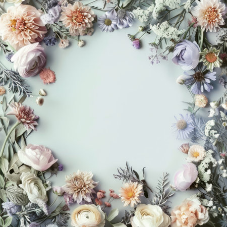 Flowers composition. Frame made of flowers on pastel blue background. Flat lay, top view, copy spaceの素材