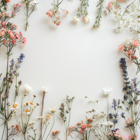 Flowers composition. Frame made of dried flowers on white background. Flat lay, top view, copy spaceの素材