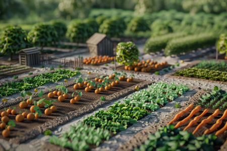 Aerial view of vegetable garden with seedlings, sprouts and carrotsの素材