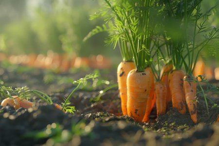 Bunch of fresh carrots in the field. Selective focus.の素材