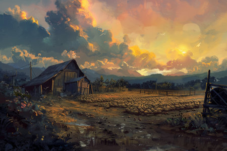 Digital painting of a farm in the countryside at sunset, Thailand.の素材