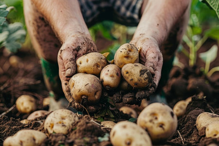 Farmer hands holding freshly dug potatoes on the field. Selective focus.の素材