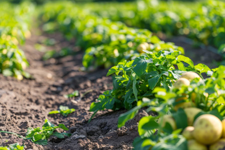 Potatoes in the field. Growing potatoes in the field. Agriculture.の素材
