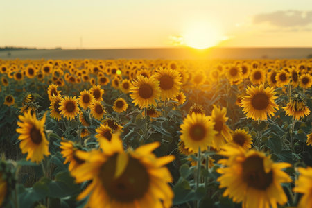 Sunflower field at sunset. Beautiful summer landscape with sunflowers.の素材