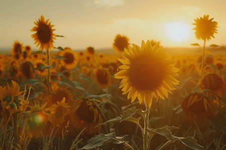 Sunflower field at sunset. Beautiful summer landscape with sunflowers.の素材
