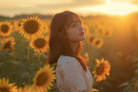 Portrait of beautiful asian woman in sunflower field at sunsetの素材