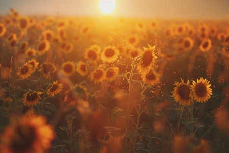 Sunflower field at sunset. Beautiful summer landscape with sunflowers.の素材