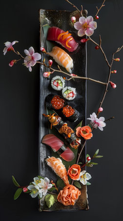 Sushi and rolls set on a black background. Japanese food.の素材
