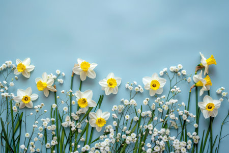 Daffodils and gypsophila flowers on blue backgroundの素材