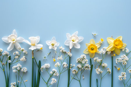 Spring flowers daffodils and gypsophila on blue backgroundの素材