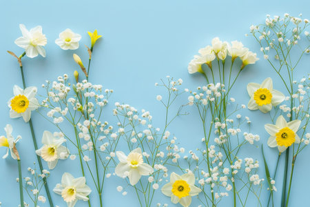 White daffodils and gypsophila on blue backgroundの素材