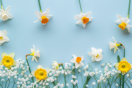 Flowers composition. Daffodils, white and yellow flowers on blue background. Flat lay, top view, copy spaceの素材