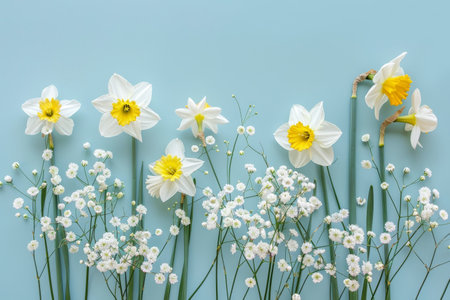 Flowers composition. Daffodils and gypsophila on pastel blue background. Flat lay, top view, copy spaceの素材
