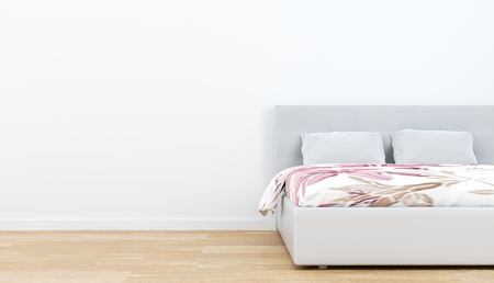 Bed Room Interior - wooden floor and empty white wall background. 3D renderingの写真素材