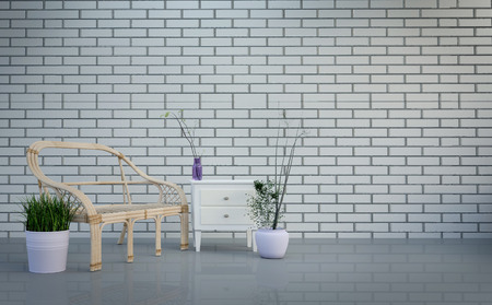 Modern loft interior ,living room, table and plants on bright gray bricks wall background , 3d renderingの写真素材