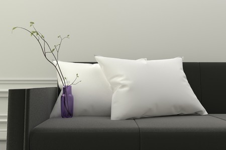 White pillows and plants on black sofa. 3D renderingの写真素材