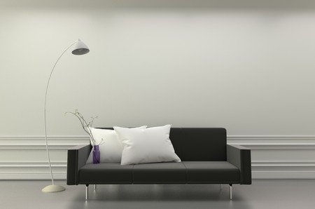 Living Room Interior - frame lamp and sofa pillows ,plants wooden on wall background. 3D renderingの写真素材