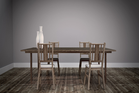 The Room Interior four chairs and wooden table, wooden floor and empty wall. 3D Rendering