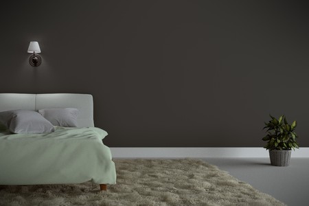 Bed Room Interior with green bed and carpet with a lamp and tree, white floor and black wall background. 3D renderingの写真素材