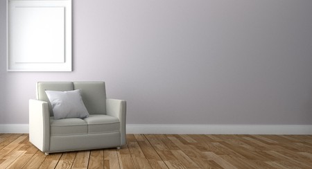 Living Room Interior with sofa and frame, wooden floor on empty white wall background. 3D renderingの写真素材