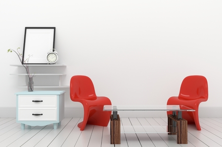 Interior Design red armchairs and plants on empty wall background,3D renderingの写真素材