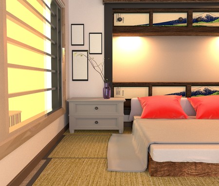 Japanese Room interior, Bed room design. 3D renderingの写真素材
